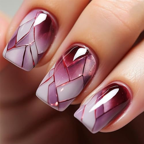 Ruzister 24 uñas postizas cuadradas con diseño de uñas postizas brillantes y de cristal roto de color burdeos
