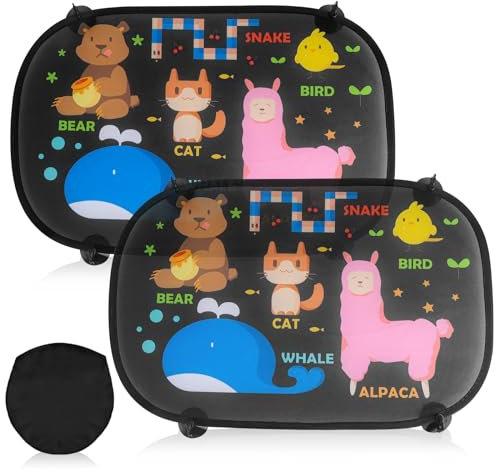 Auto Sonnenschutz Baby mit UV Schutz, 2er-Pack 47 x 30cm Sonnenblende Kinder, Autofenster Sonnenschutz Mit 8 SaugnäPfe für Kinder mit süßen Tier Motiven