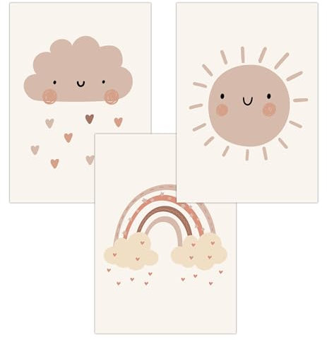 FAVELOT Poster Kinderzimmer Jungen & Mädchen A4 - Regenbogen, Sonne, Beige Boho - Bilder Babyzimmer Deko - Deutscher Premium-Druck - 3er Set Din A4