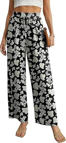QIXING Weite Hosen Damen High Waist Palazzo Hose Gerade mit Taschen Yoga Stoffhose Elegant Sommer Damenhose mit Gummizug(Schwarz-Pfirsichblüte, S)
