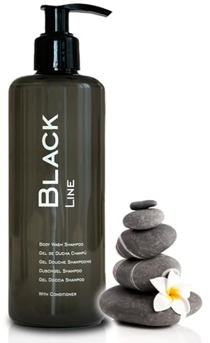 GPQ - Gel/Shampoo 2in1 BLACK Line | 12 Flaschen x 300 ml. | 90% Natural Origin | Amenities | Mit Conditioner, Ohne Parabene | Hotel, B&B, Ferienhaus, Wohnung, Kreuzfahrt, Gym | Made in Spain