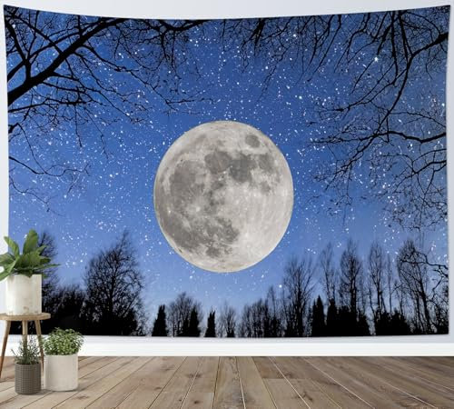 LB Wandteppich Winter Schnee Wandtuch Schwarzwald Grau Mond Blauer Himmel Wandbehang Naturlandschaft Tapisserie für Wohnzimmer Schlafzimmer Wohnheim Wanddeko,200x150cm