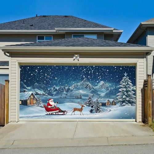 Chickwin Weihnachten Urlaub Garagentor Banner Abdeckung, Große Größe Xmas Frohe Weihnachten Dekorationen Weiß Schnee für Happy New Year Outdoor Hintergrund (180x400cm,Holzhaus)