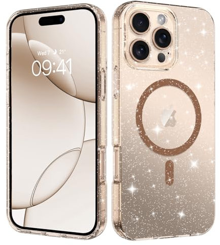GaoBao for iPhone 16 Pro Case Glitter,[Compatible with MagSafe] Sparkle Bling Clear Phone Case Men Women Soft TPU Bumper Slim Anti-Scratch Shockproof Transparent Cover for iPhone 16 Pro,Clear/Brown
