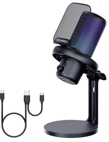 Feelworld VM1 Gaming PC USB Micrófono Condensador con Cancelación de Ruido Mute Luz RGB, Accesorios de Ordenador para Gamer Youtube Twitch Podcast Streaming Grabación Online Chat PS4 PS5