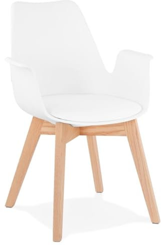 Weißer Schalenstuhl mit Armlehnen | Skandinavischer Esszimmerstuhl aus Kunstleder & hellem Eichenholz | Designer Stuhl gepolstert | Retro Küchenstuhl mit Holzbeinen | 58,5x50x82 cm - NIVEX Kollektion