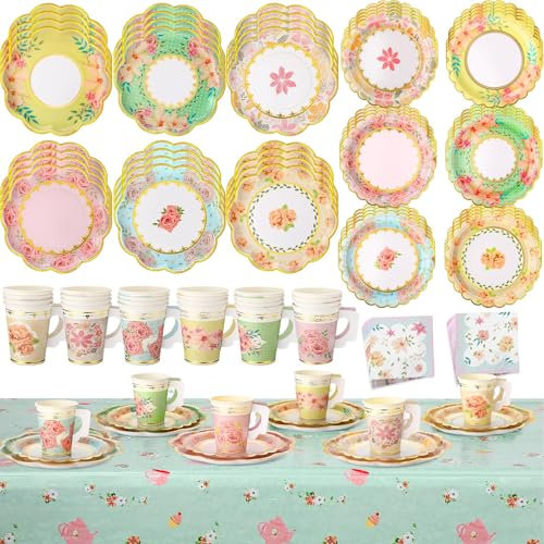 Yungyan 97 Pcs 24 Guests Tea Birthday Party Supplies Disposable Tableware Set 9 oz Paper Tea Cups with Handle, 7 9 Paper Plates, Napkins, Tablecloth for Floral Party Wedding Baby Shower