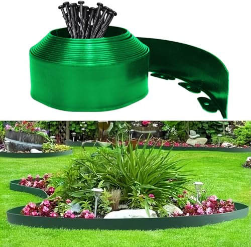 Bordura Giardino Plastica, Recinzione Giardino Esterno 10cm x 10m, Include 30 punte di ancoraggio e un paio di guanti, Recinzione Decorativa per Giardino (Verde, 10cmx10m)