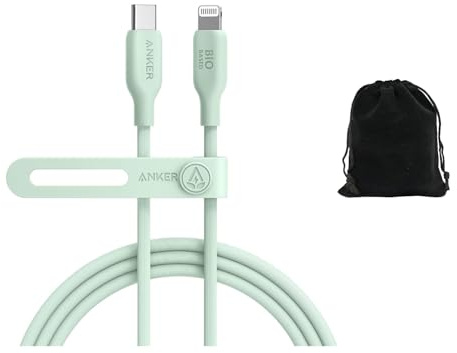 Anker Câble USB-C vers Lightning 542 en bio-nylon de 3 m, respectueux de l'environnement, prend en charge une alimentation de 30 W pour iPhone, iPad, et plus encore, très résistant, vert, durée de vie