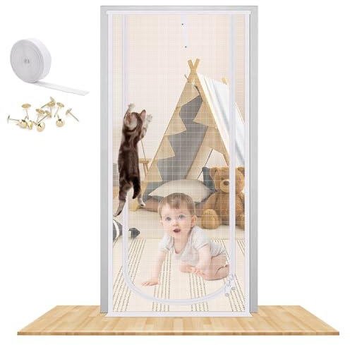 WenYa Puerta mosquitera reforzada para gatos de 90 x 210 cm, puerta de malla extra alta antimascotas con cremallera bilateral, puerta mosquitera resistente a prueba de mascotas para sala de estar