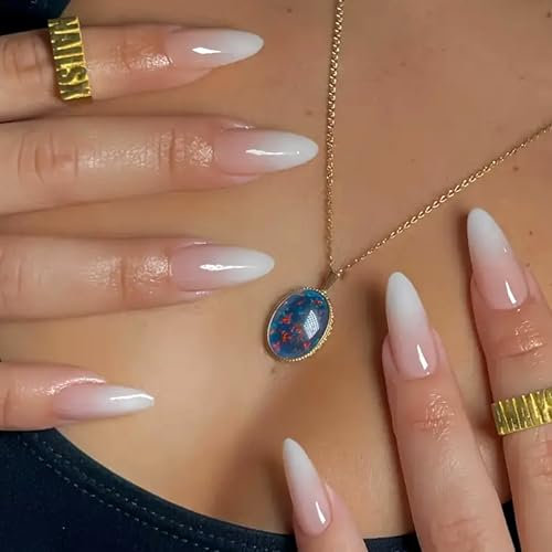 24Pcs Press on Nails Almond Shaped, Pink White Gradient French False Nails Medium Length, Stiletto Ombre Reusable Glossy Gel Acrylic Full Cover Fake Nails Glue on for Women and Girls