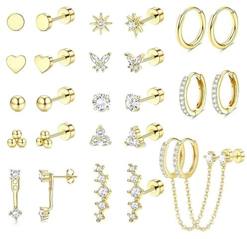 LOFITOR Medizinische Ohrstecker Chirurgenstahl Ohrringe Gold für Damen Set | 316L Hypoallergene Flatback Mit Schraubverschluss Ohrringe Set Stapelbar Creolen Für Helix Tragus Cartilage Ohr Piercing