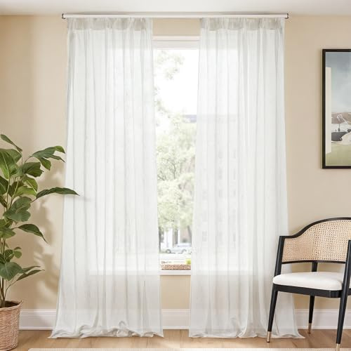 TOPICK Gardinen mit Kräuselband Vorhänge transparent H245xB140 2Stück Beige | Gardinen mit Kräuselband Vorhänge modern Landhausstil Schlafzimmer lichtdurchlässig Curtains Living Room transparent