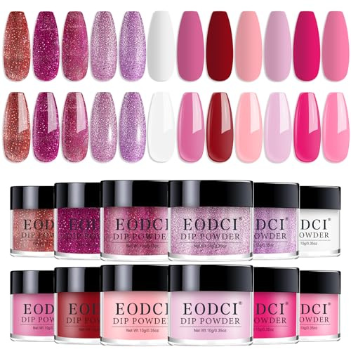 EODCI Nagel Dip Pulver Set, 12 Farben Valentinsnagelkunst Starter Maniküre Salon DIY zu Hause Roter Glitzer Pink Nude Dunkelrosa Keine erforderliche Nagellampe ausgehärtet