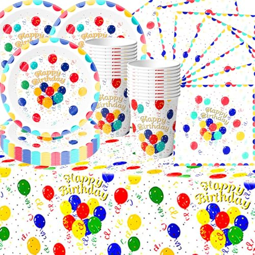 Stoviglie colorate per feste di compleanno con palloncini a pois, per feste di compleanno per bambini include piatti di carta, bicchieri di carta, tovaglioli di carta e tovaglie, adatte per una festa