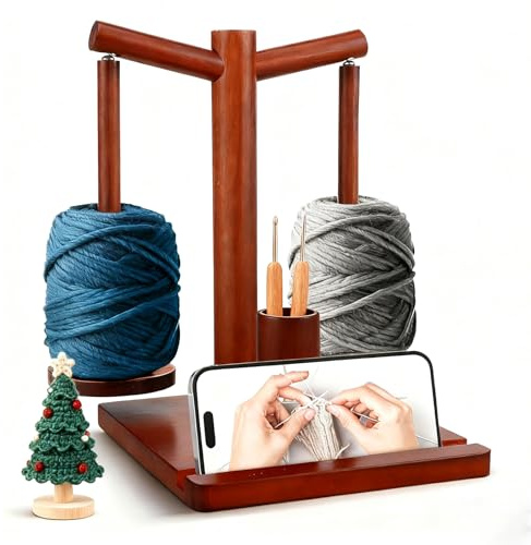 Wollabwickler mit Kugellager, Wollhalter Holz mit Strickzubehör Organizer, Magnetischer Garnhalter zum Häkeln mit Telefonhalter, Doppel Garnballhalter Ständer Geschenk für Mama Oma Strickliebhaber