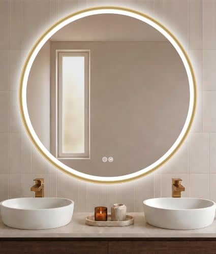 S'bagno Espejo Baño con Luz Redondo 90cm, Marco de Aluminio | Espejos de Baño con Led, Anti-Vaho, 3000-6500K, Vidrio Templado HD, IP44, Función de Memoria, Dorado