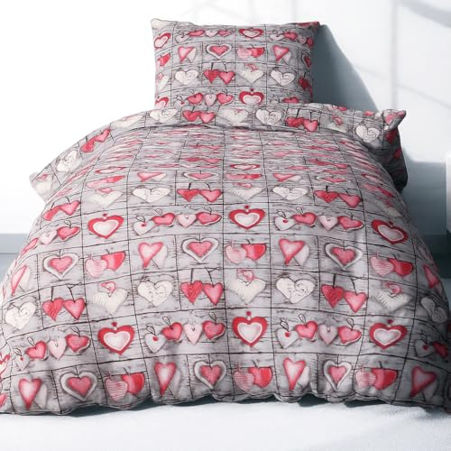 2-teilige Seersucker Bettwäsche 155x220cm und 80x80cm - Landhaus (EW-358/1) | Love, Liebe, Herzen, Landhaus in rot und grau - Bettgarnitur, 100% Baumwolle, bügelfrei, Reißverschluss, Made in EU