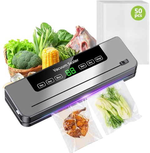 6-in-1 Food Vacuum Sealer Machine, 65KPA Powerful Kitchen Food Sealer, 30cm Longer Seal, Built-in Cutter & LED Digital, Dry/Wet/Pulse Modes, Includes 50Pcs BPA-Free Vacuum Sealer Bags(UK Plug)