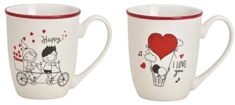 Set di 2 tazze da caffè Jumbo 380 ml – Amore & Romance Design – Happy & I Love You – tazze in porcellana con bordo rosso – regalo per coppie, San Valentino, matrimonio, tazza da caffè anniversario