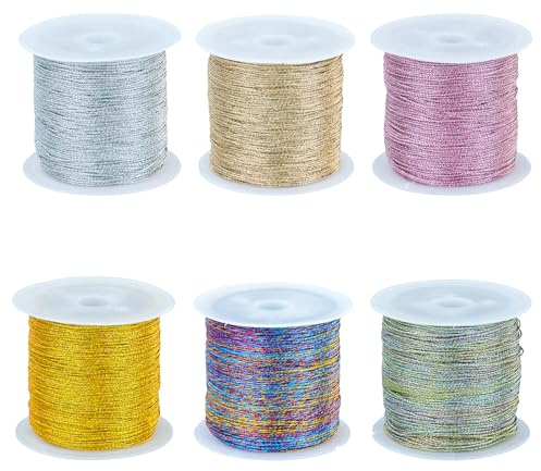 6 Rollen Metallic-Kordeln, 300 m, goldfarben, dünn, Seidenfaden zum Basteln, Armbänder, Halsketten, Schmuckherstellung, Geschenk oder Ornamente für Weihnachtsbäume, 0,4 mm x 50 m
