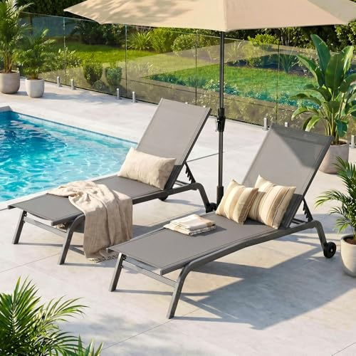 LIFERUN Sonnenliege mit Rollen, Gartenliege 2er Set, wetterfeste, 5-Fach Verstellbarer Rückenlehne, Outdoor Liegestuhl, Relaxliege bis 120kg belastbar, für Garten, Poolbereich, Balkon, Terrasse, Grau