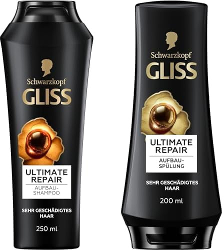 Gliss Ultimate Repair Set: Shampoo (250ml) + Spülung (200ml), mit flüssigem Keratin & Perlen-Extrakt, Reparatur Pflege Set für stark geschädigtes & trockenes Haar