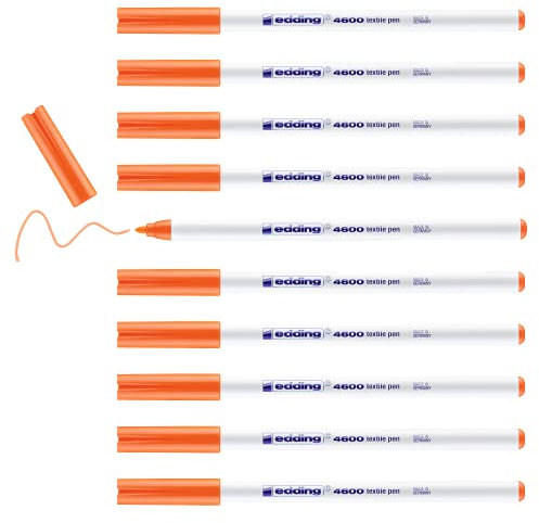 edding 4600 rotulador textil - naranja neón - caja de 10 - punta redonda de 1 mm - rotuladores textiles permanentes para dibujar en tejidos, resistentes a lavados de hasta 60 °C - rotulador para tela