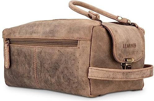 LEABAGS Grand Sac de Toilette en Cuir Premium pour Hommes | Trousse de Toilette à Suspendre spacieuse | Trousse de Maquillage, de Surveillance et de beauté | Gris-Brun Vintage