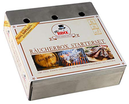 Mr. BBQ Räucherbox Edelstahl Starter Set, inkl. 110g Mr. BBQ Räucherchips aus echten Fässern
