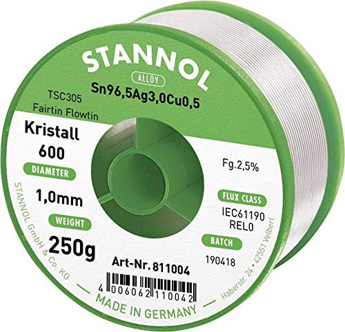 Stannol 811004 FLOWTIN TSC305 Fairtin Kristall 600 Lötdraht, 1mm Durchmesser, 250g Spulen