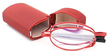 KoKoBin Faltbare Lesebrille aus Edelstahl Mini Anti-Blau Sehnhilfe für Damen und Herren Lesehilfe mit Hartschalen-Etui(Rot,+1.5)