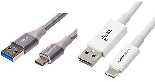 Amazon Basics Double Braided Nylon USB Type-C to Type-A 3.1 Gen 2 Cable | 0.9 m, Dark Grey & USB Type-C to USB-A Male 3.1 Gen2 Cable - 0.9 m - White