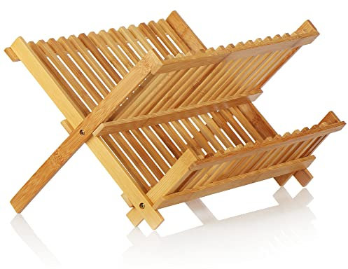 COM-FOUR® Abtropfgestell für Geschirr, klappbar - Abtropfständer aus Bambus - Geschirrabtropfgestell - Geschirrtrockner - Geschirrabtropfer (1 Stück - 42x33x27cm)