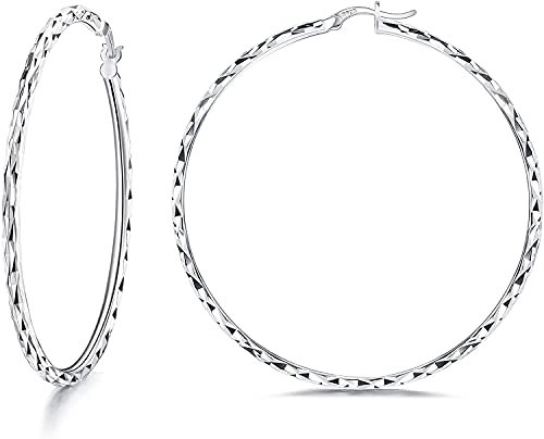 Milacolato 925 Sterling Silber Creolen 18 Karat Weißgold plattiert 2 mm Dicke Diamant Schliff Hochglanz Poliert Kleine/Mittlere/Große Creolen Für Damen Mit Geschenkbox 15/20/25/30/35/40 / 50MM