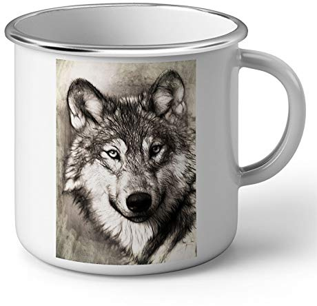 Fabulous Mug en Métal Emaillé Dessin Tete De Loup Animal Sauvage Noir Et Blanc