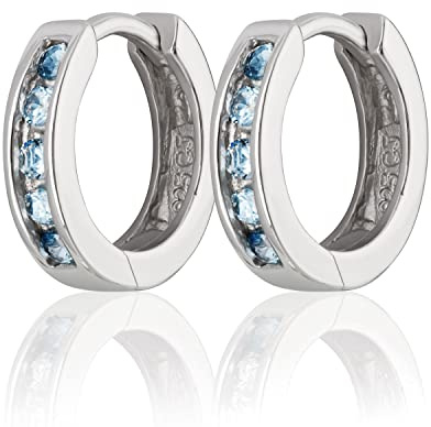 NKlaus Klappcreolen 925 Sterling Silber, Zirkon hellblau, 12mm, 2 Stück | anlaufgeschützt; 925 Sterlingsilber; rhodiniert