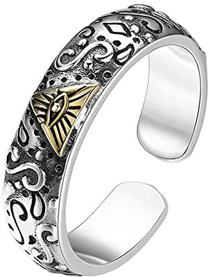 RobertDTesta S925 Sterling Silber Herren Auge des Horus Ring, Gotischer Vintage Offener Verstellbarer Auge Gottes Ring,Silber,9