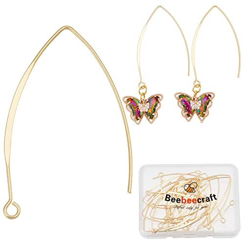 Beebeecraft 1 Box 20Pcs 18K Gold Plated Brass Ear Wires V-Shape 43mm Drop Earring Hooks for DIY Jewellery Making Findings (Wire 0.7mm)