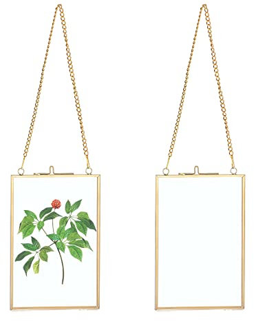 SUMTree 2Pcs Glas Bilderrahmen Hängende mit Ketten Fotorahmen Pflanze Probe Glasrahmen für gepresste Blumen Foto Bilder Nur Glasrahmen(Golden,10x15cm,Rechteck)