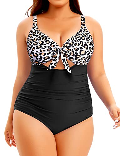 Aqua Eve Einteiliger Damen-Badeanzug, Übergröße, Bauchkontrolle, Schwarz und Leopard, 18 Plus