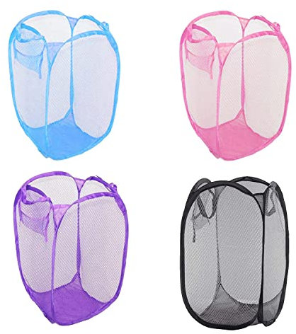 Homeshopa Laundry Baskets Pop Up Mesh Washing Bag, Foldable Laundry Hamper Bin Bag with Durable Handles & Side Pocket, Collapsible Clothes Toy Tidy Storage Organiser, Assorted Colours (Pack of 4)