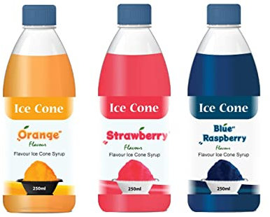 Sirop pour cône de glace, sirops de saveurs populaires mélangées, peut être utilisé avec All Slush | Slushie Machines Orange, Fraise, Framboise Bleue Chaque 250 ml (Lot de 3)