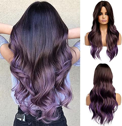 Esmee Pelucas Largas Onduladas Moradas para Mujer Peluca Ombre de Cabello Sintético Natuaral Resistente al Calor para Uso Diario en Fiestas Cosplay