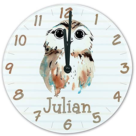 timalo® Wanduhr Tiere Kinderzimmer personalisiert mit Namen | Geschenk Uhr für Kinder mit süßen Tiermotiven | Eule glasuhr-t-23