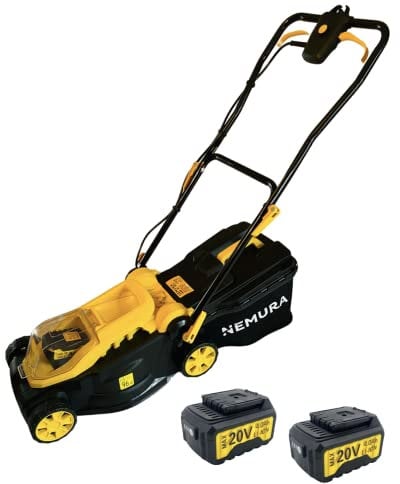 Nemura Tondeuse sans Fil 40V - 3 Hauteurs de Tonte - Bac de Ramassage 30L - 3500 Tours par Minute - 32cm de Coupe - Moteur Brushless - 2 Batteries 4Ah et Chargeur Rapide - Marque Française