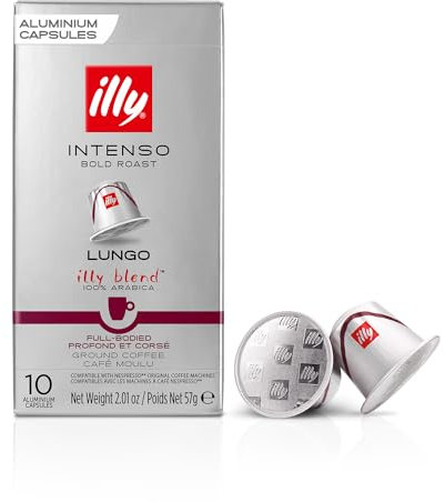 illy, Cafè en Capsules Compatibles en Aluminium INTENSO Lungo, 100% Arabica avec des Notes de Cacao et de Fruits Secs, Arrière-goût Corsé, 10 Paquets de 10 (100 Capsules au Total)