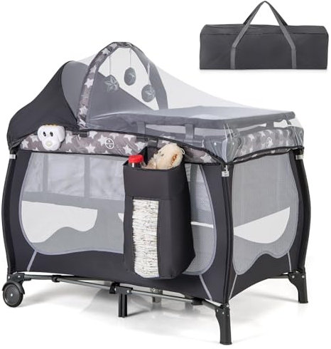 DREAMADE 102 x 72 cm Reisebett Faltbar, Beistellbett Baby mit Matratze & Rollen & Moskitonetz & Wickelauflage, 3 in 1 Babybett für Neugeborene & Kinder 0-36 Monate (Grau)
