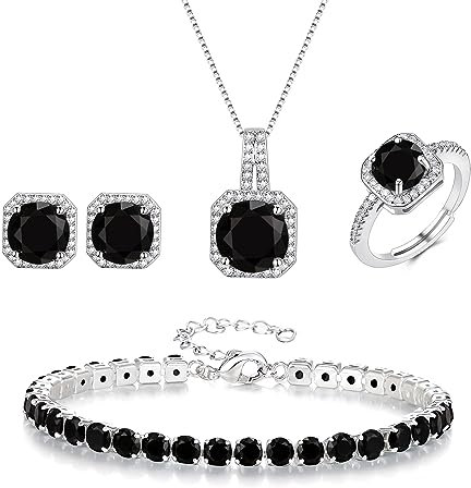 EVER FAITH Hochzeit Quadrat Cubic Zirkonia Schmuck Sets für Braut Brautjungfer, Glamour Anhänger Halskette Ohrringe Tennis Armband Offene Ring für Damen Schwarz Silber-Ton