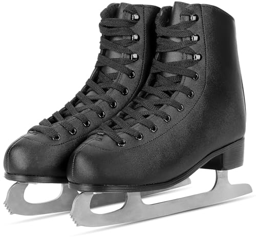 AhmyLion Patins à glace artistiques pour débutants – Patins à glace en cuir confortables pour femmes, hommes, garçons et filles (taille au-dessus d'une taille) (noir, pointure femme 40 / homme